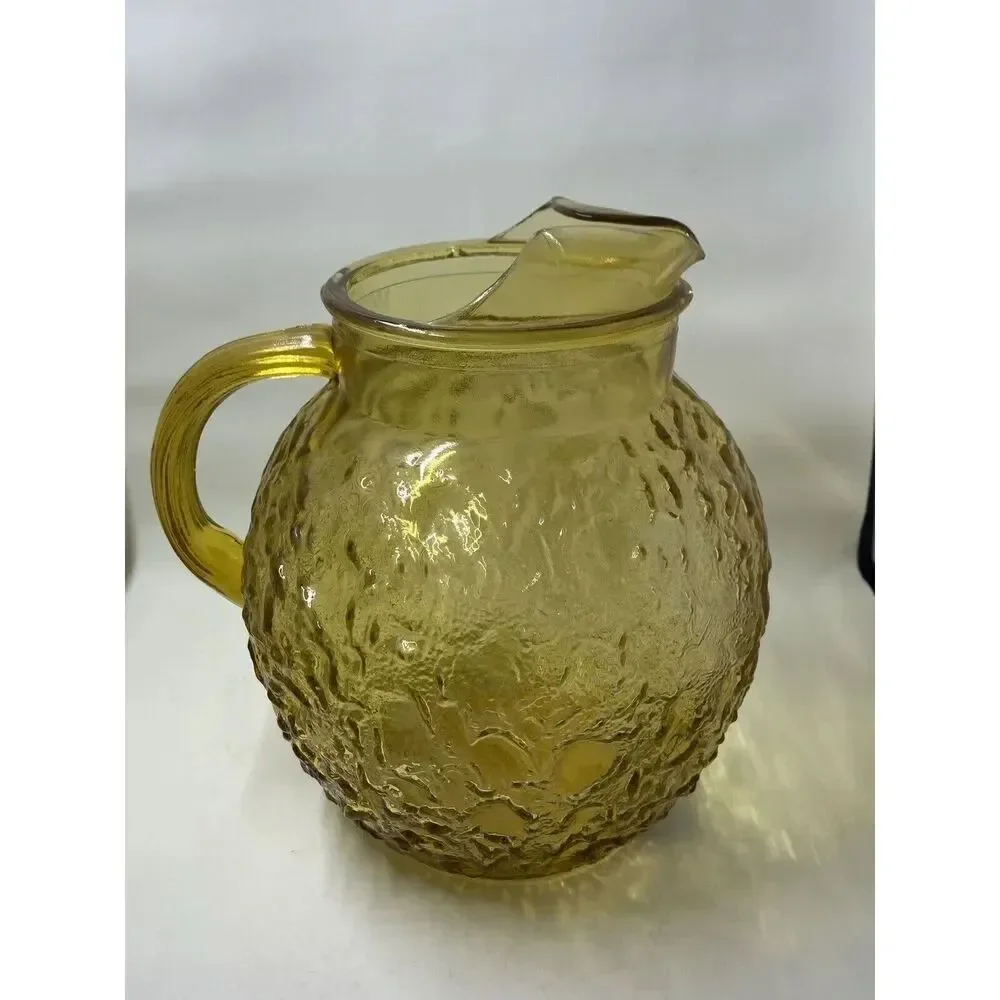VINTAGE ANCHOR HOCKING LIDO MILANO AMBER BUBBLE CRINKLE PITCHER WITH ICE GAURD